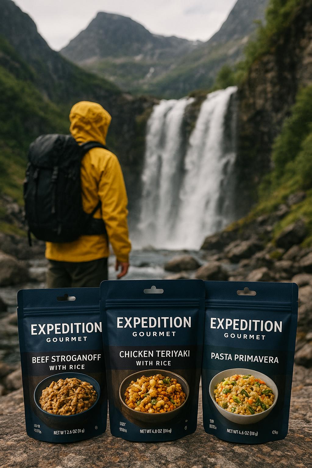 Hiker with Expedition Gourmet meal packs at a scenic waterfall