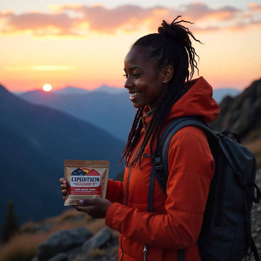 Traveler holding Expedition Gourmet meal pack at mountain sunset